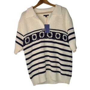 NWT Skies Are Blue Printed Pointelle Knit Collard Short Sleeve Plus 1X Sweater
